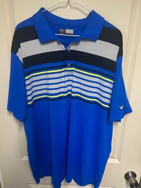 Callaway Men's Bright Blue Striped Golf Polo with Yellow Accents Size XL